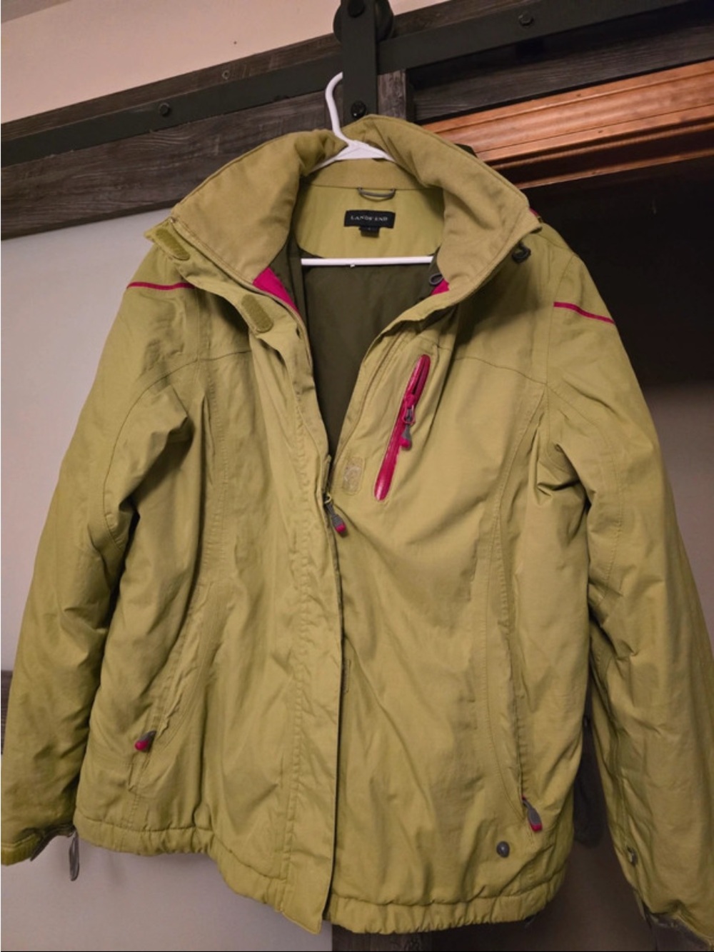 Lands' End Women's Olive Green Ski Jacket with Pink Accents
